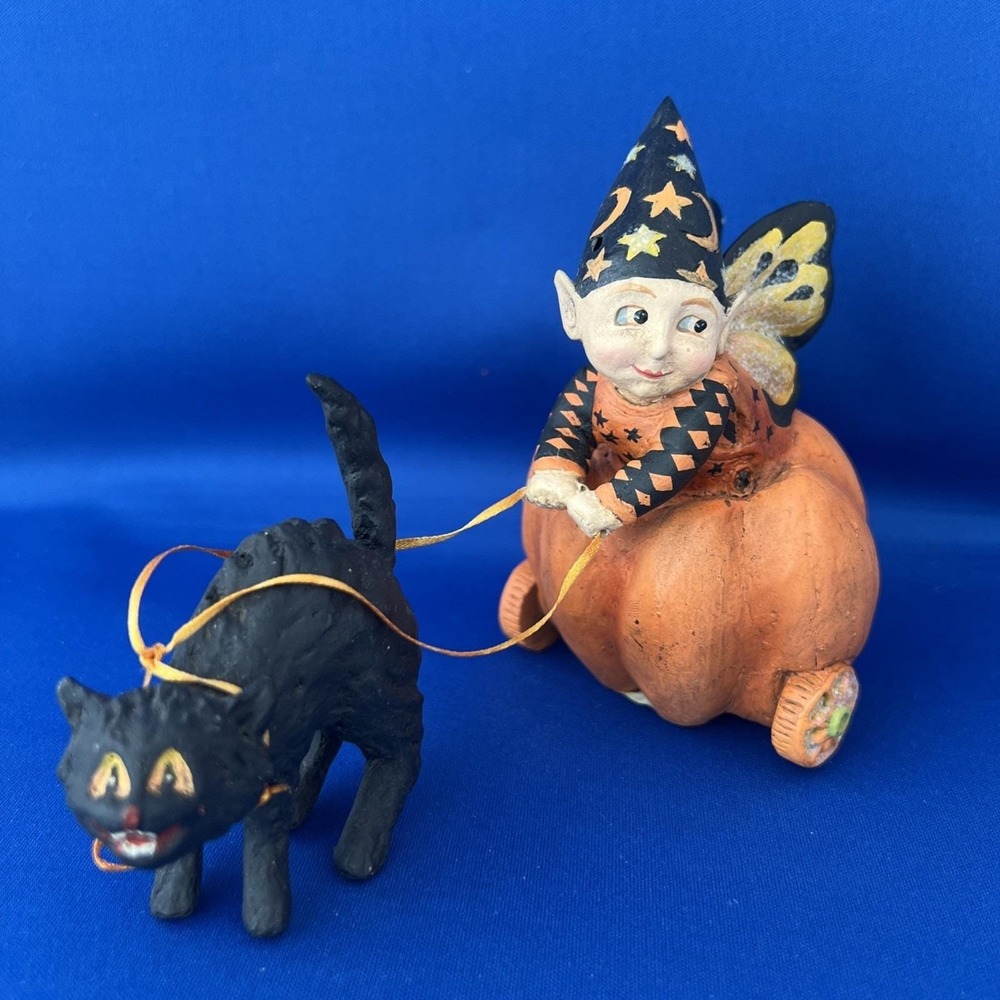 Vtg Mary Engelbreit For Bethany Lowe 5" Pumpkin Chariot Cat Fairy Halloween